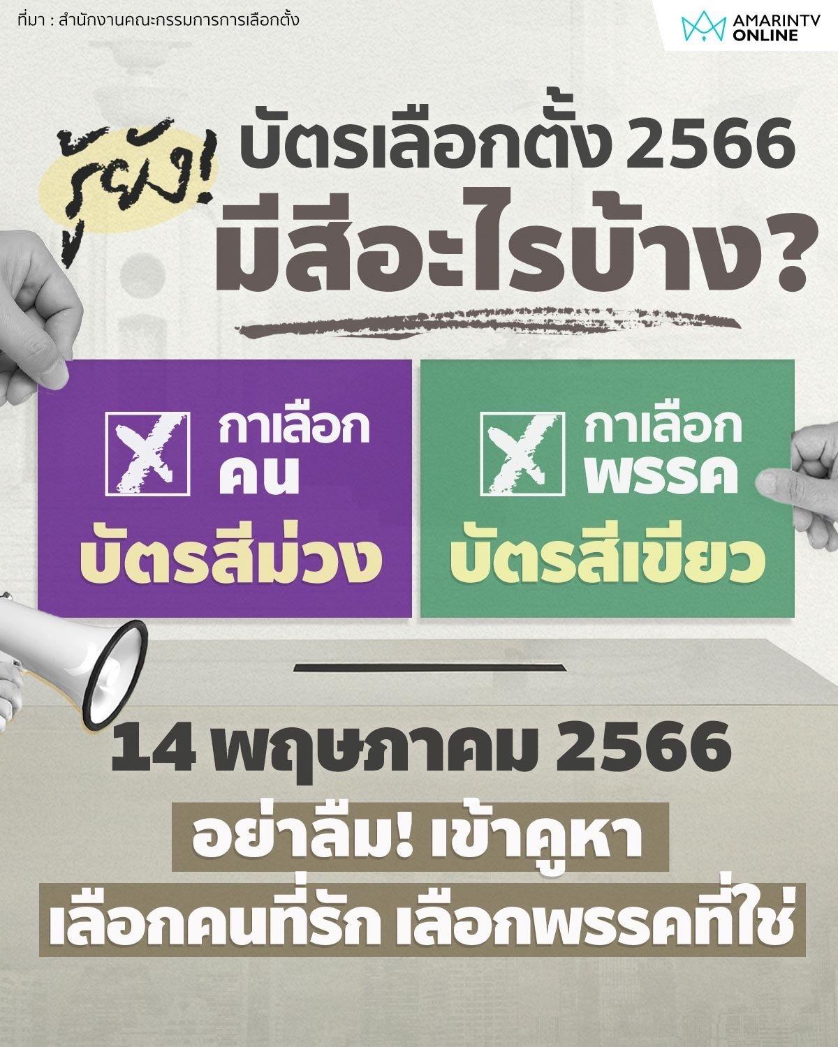 สีบัตรเลือกตั้ง 2566|บัตรเลือกตั้ง ในวันที่ 14 พ.ค. 2566 ผู้มีสิทธิเลือกตั้ง จะได้รับบัตรเลือกตั้ง จำนวน 2 ใบ คือ “บัตรสีม่วง” สำหรับลงคะแนนเลือกตั้ง ส.ส.แบ่งเขต  และ “บัตรสีเขียว” สำหรับลงคะแนนเลือกตั้ง ส.ส.บัญชีรายชื่อ